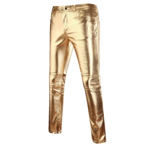 Men's Korean Style Casual Pants Trousers Gold-Embellished Performance Outfits Leather Pants Gold L