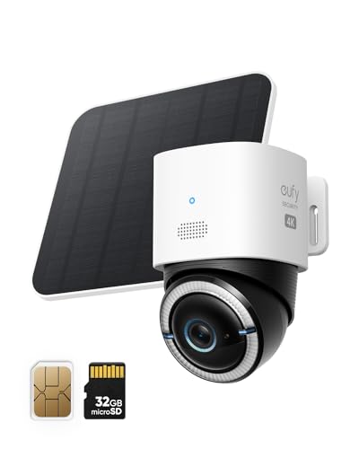 eufy Security 4G LTE Cam S330, 4K Cellular Wireless Security Camera, Pan and Tilt, Solar Powered, AI Human/Vehicle Tracking, with SIM Card and 32GB SD Card. (Renewed)