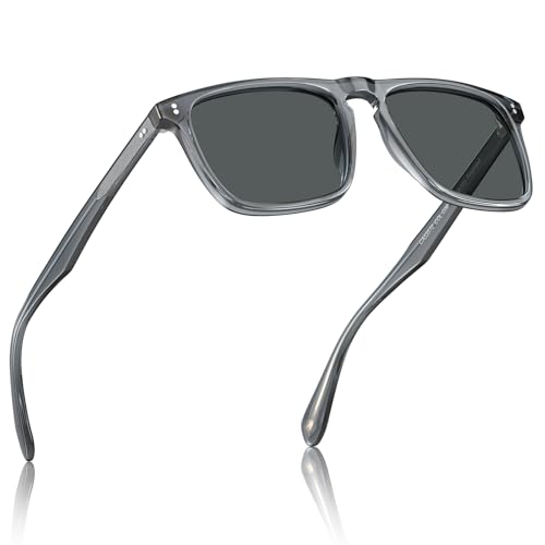 CARFIA Retro Polarized Sunglasses for Men UV Protection Hand-crafted Acetate Frame Fishing Golf Spectacles Transparent Grey