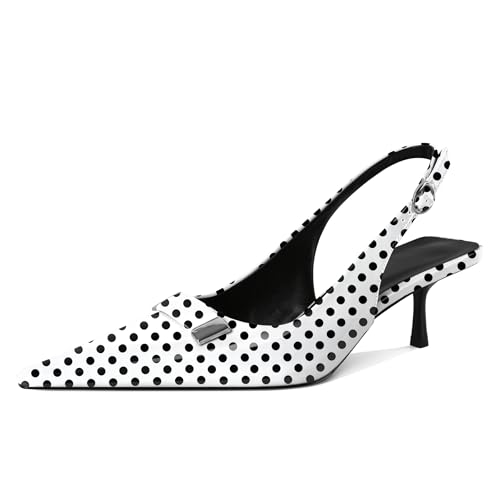 Younton Women Kitten Pumps Low Heel Pointed Toe Shoes Ladies Slingback Sandals Classic Dressy Shoes for Event Party Polka Dot Patent Leather US Size 8.5