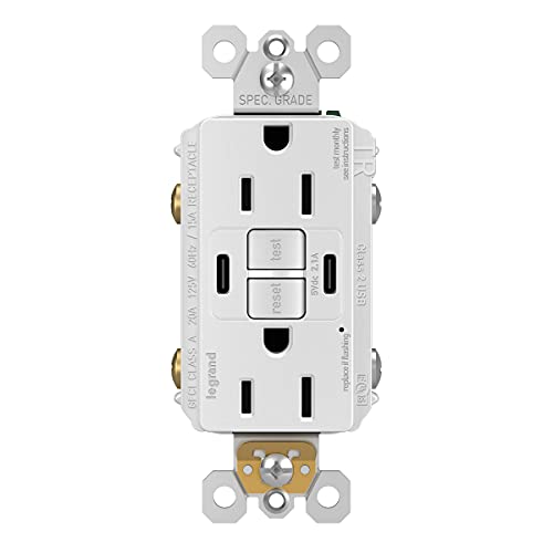 Legrand Radiant 1597TRUSBCCW 15 Amp GFCI Self Test Tamper Resistant Decorator Duplex Outlet with USB Type C, White (1 Count)
