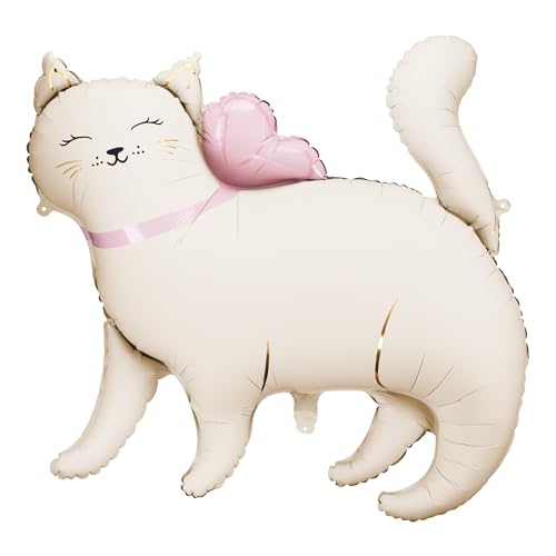 Cute Matte Foil Balloon Cat PartyDeco 33 Inch, White Kitty with Pink Bow Birthday Party Supplies Kitten Balloon Decor Cat Shaped Balloons, Pet Themed Party Decorations