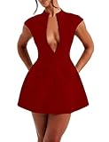 LuFeng Women's Summer Sexy Cap Sleeve Deep V Neck Zipper A-line Mini Dress Hollow Bodycon Night Out Party Dress Red