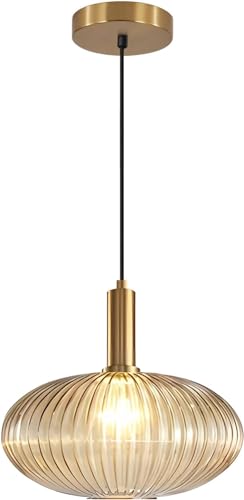KCO Lighting Modern Gold Globe Pendant Lamp 1-Light Mid Century Antique Brass Dining Pendant Light Amber Glass Farmhouse Pendant Lighting Adjustable Large Vintage Hanging Ceiling Pendant Light