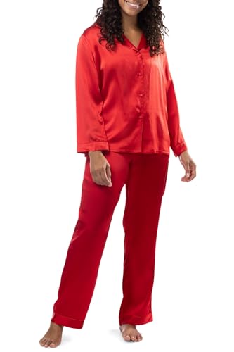 Fishers Finery Women's 100% Pure Mulberry Silk Long Pajama Set with Gift Box - Luxury Loungewear (Red, M Petite)