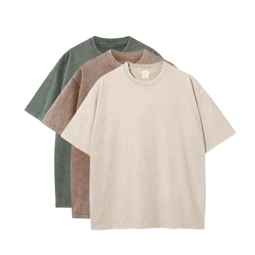 3 Pcs Oversized T-Shirts Heavy Cotton Washed Summer Vintage Tee Loose Fit Short Sleeve Casual Shirts for Men Women (M,2XL)