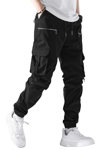 PLEPAN Mens Cargo Pants Elastic Waist Drawstring Casual Joggers Hiking Workout Tapered Sweatpants with Multi Pockets, Black, L