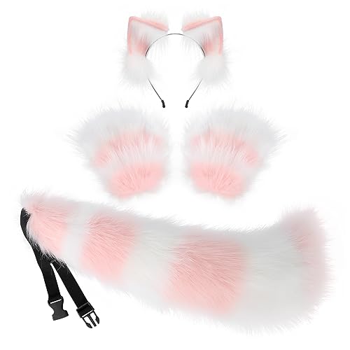 JUNBOON Faux Fur Cat Ears and Wolf Fox Tail Set Adult Kids Claw Glove Kit for Halloween Anime Cosplay Party