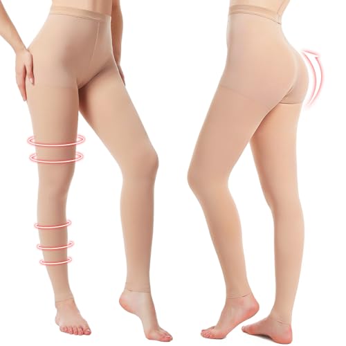 2 Pairs Medical Compression Pantyhose for Women, 20-30mmHg Graduated Support Tight Pants, Opaque Footless (Beige*2, S)