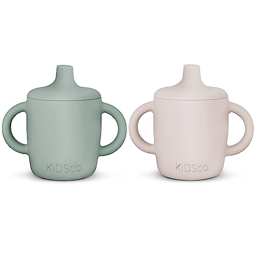 KIDSco. Silicone Sippy Cups with Easy Grip Transition Handles and a Soft Spout. A Non Toxic No Spill Unbreakable Training Cup. 150ml/5oz |2-PACK Green and Sandy Shore|