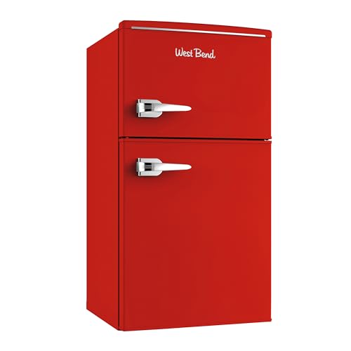 West Bend Mini Fridge with Freezer Retro-Styled for Home Office or Dorm, Features Dual Doors Removable Glass Shelves Manual Defrost and Mechanical Adjustable Temperature Control, 3.1-Cu.Ft, Red