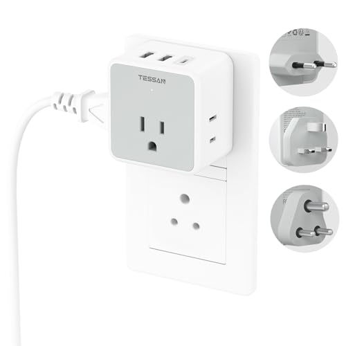 TESSAN European UK India Travel Plug Adapter Kit, International Detachable with 3 Outlet 3 USB(1 USB C), Type C/G/D EU Power Adaptor, US to Europe Italy Spain France Ireland Dubai Maldives
