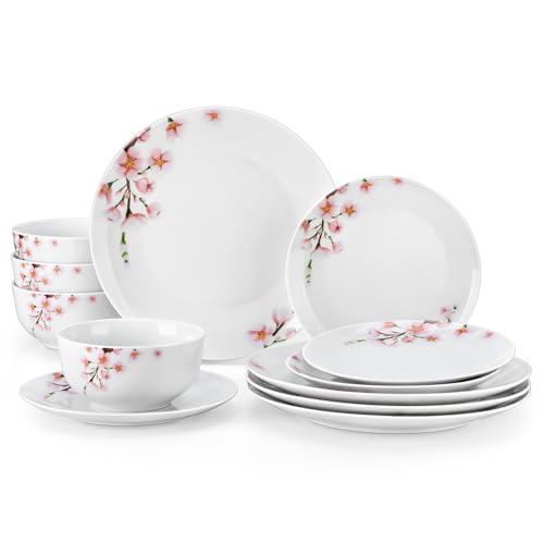 VEWEET Porcelain Dinnerware Sets for 4, 12 Pieces Plates and Bowls Set with Pink Floral, Kitchen Dishes Set Dining Ware for Family, Microwave and Dishwasher Safe, Series ANNIE