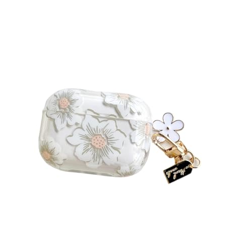 Earphone Case for AirPods 4, Beautiful Elegant Flower Floral Case Soft Silicone Case, Transparent Clear AirPods 4 Cover Protective Case Skin Shockproof Protector for Earbuds +Keychain-White