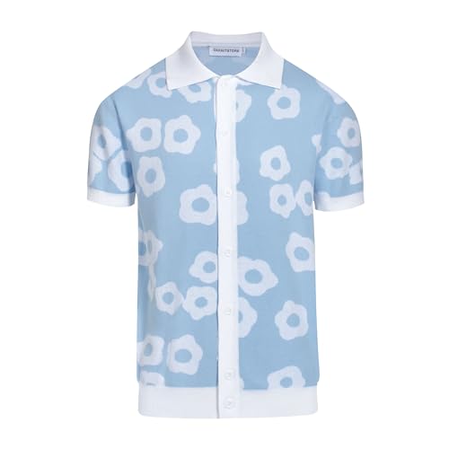 OXKNIT Mens Vintage Polo Shirts Casual Flower Pattern Knit Golf Polo Shirts Short Sleeve Jacquard Design Light Blue