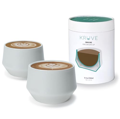 KRUVE IMAGINE Porcelain Latte Coffee Cups, Double Walled Espresso Cups, Glass Cups Set of Two - 8.5oz Thermal Spherical Design for Latte Art, Insulated Coffee Mugs for Heat Retention (White)
