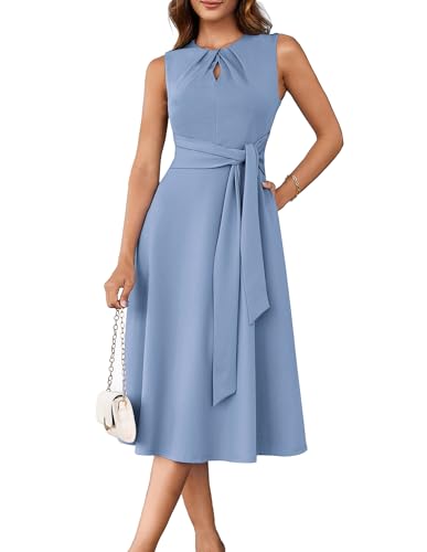 GRACE KARIN Business Casual Dress for Women Dress Crew Neck Sleeveless Belted Office Business Casual Outfits Grey Blue L