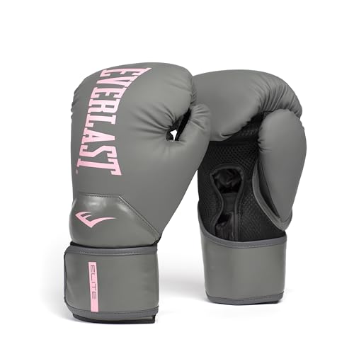 Everlast Elite 2 Boxing Gloves, Pro Training Gloves for Men and Women, Secure Fit Hook and Loop Closure & Ventilation, Heavy Bag & Speedbag Training (12 oz, Gray/Pink)