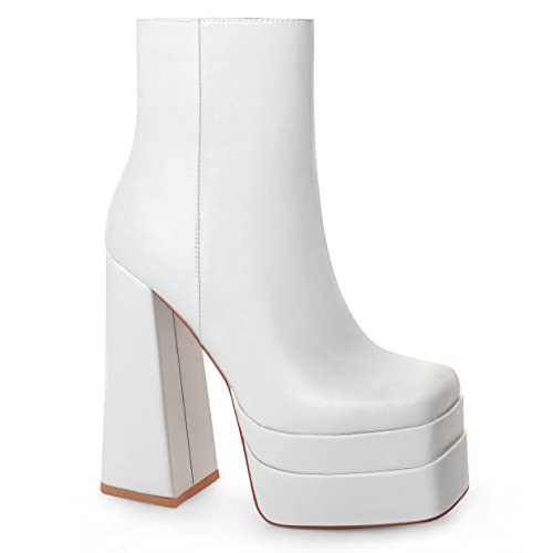 ANN CREEK Heels Boots White Platform Boots for Women Chunky Heel Boots Women's Ankle Boots Double Stacked Platform Booties for Women Punk Boots for Women Size 9.5