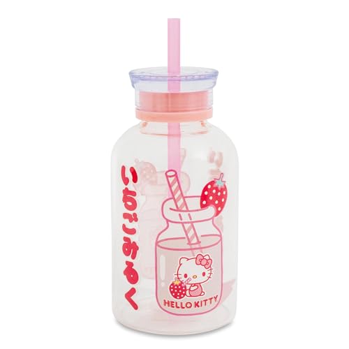 Hello Kitty Sanrio Strawberry Glass Milk Bottle With Straw | Clear Jug For Almond Milk, Juice, Water, Beverages | Holds 15 Ounces