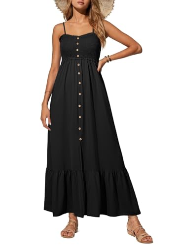 Dokotoo Womens Summer Dresses 2025 Casual Elegant Sleeveless Smocked Elastic Button Up Open Back Spaghetti Straps Flowy Beach Party Maxi Long Dress Vacation Outfits for Women Sundresses Black Small