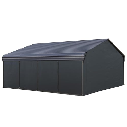 PHI VILLA 20 x 20 ft Carport 2 car Metal Carport Tent with Galvanized Steel Roof with Sidewalls Enclosure Kit, Sturdy Heavy Duty Metal Storage Shed for Cars, Boats, and Tractors