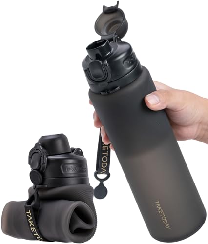 TakeToday Collapsible 32oz Silicone Water Bottle, Foldable Travel Bottle with Strap, BPA Free, Leakproof for Hiking, International Travel, Outdoors (Black)