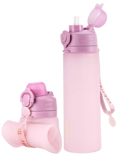 TakeToday Collapsible Water Bottles 20oz, Leak Proof, BPA-Free, Foldable Silicone Travel Water Bottle with Straw Strap for Cycling, Hiking, Outdoors (Mauve)