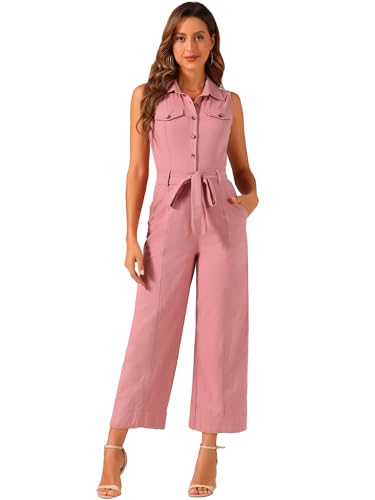 Allegra K Women's Wide Leg Jumpsuit 2024 Sleeveless Collared Tie Waist Coverall Button Down Cargo Jumpsuits Small Pink