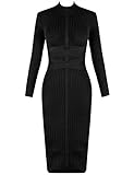 whoinshop Women's Cross Strap Ribbed Bandage Long Sleeve Midi Fall Winter Bodycon Party Dress (L, Black)