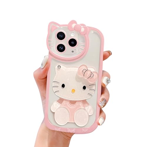 USUGER Cute Kawaii Cartoon Phone Case for iPhone 13 Built-in Makeup Mirror for Women Girls, Soft Silicone Transparent Protective Phone Case for iPhone 13 6.1 Inch, Pink