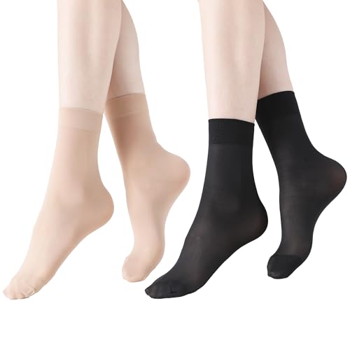 FITU Socks, Nylon Sheer Ankle High Tights Hosiery for Women, 10 Pairs (One Size, 5 Beige 5 Black-50d Thickness)