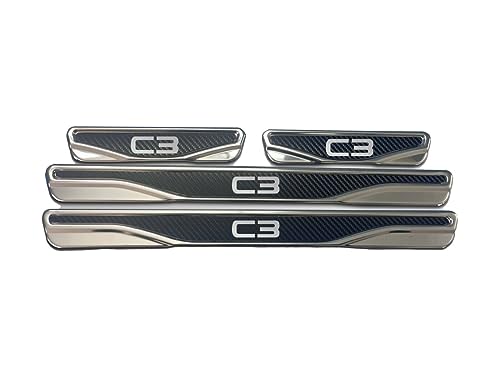 For Citroen Nemo, C-Elysee, C3, C4, C5, Berlingo Chrome & Carbon Door Sill Scratch Guard S.Steel (C3)