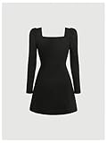 MakeMeChic Women's Bow Decor Square Neck Mini Dress Long Sleeve Cute Dresses Black Small