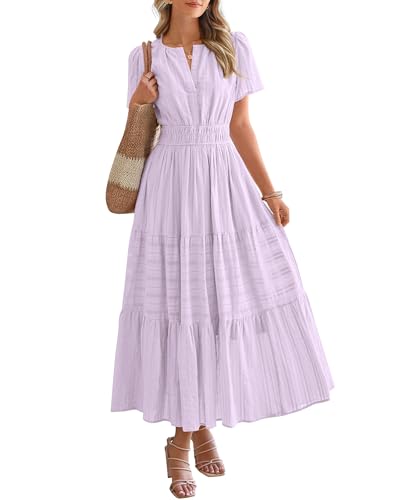 BTFBM Womens Summer 2025 Casual Midi Maxi Dresses Lightweight Short Sleeve V Neck Elastic Waist Boho Beach Dress Pockets(Light Pink Purple, Medium)