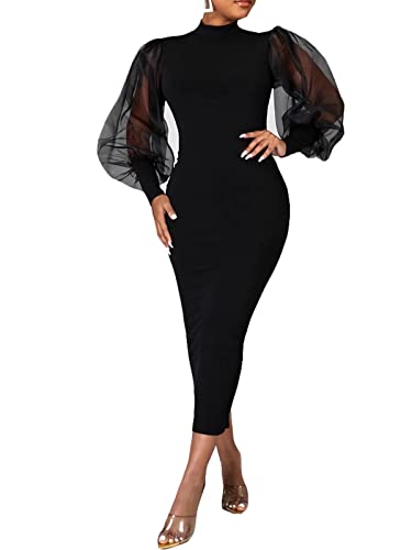 Ekaliy Women's See Through Bodycon Dress Long Puff Lantern Sleeve Sheer Mesh Dress Sexy Club Party Midi Dress Clubwear Black Large