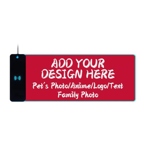 TUSDFIT Custom Personalized Wireless Charging RGB Gaming Mouse Pad with Photo Picture Text Logo, Customized Large Mousepad Non-Slip Rubber Base Computer Keyboard Mat for MacBook, PC, Laptop, Desk