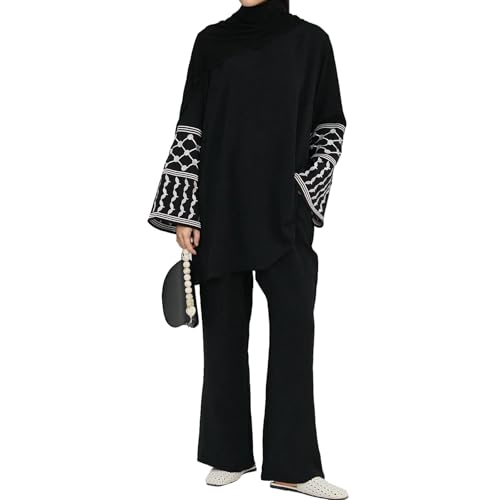Muslim Women Clothing Long Top Dress Wide Leg Pants Abaya Dress For Women Islamic Dubai Dress Kaftan Abayas Checkered Shirt Islamic Abaya Casual Prayer Clothes Ramadan Eid Sets With Pockets Black XS/S