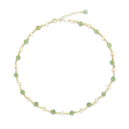 LOOYUUPEE 14K Gold Plated Natural Jade & Pearls Necklaces for Women, Natural Freshwater Pearls Jade Pendant for Women, Lucky Green Jade Jewelry Chain for Women Lover (14K Gold Plated)