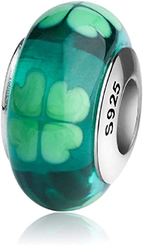 Bolenvi Green Clover Shamrock Murano Glass Bead Charm Compatible with Pandora & Similar Bracelets, Necklaces & DIY Jewelry - Authentic 925 Sterling Silver Charm