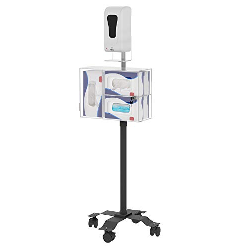 Floor Stand Dispenser - CTA Compact, Height-Adjustable Mobile Floor Stand with Automatic Soap/Hand Sanitizer Dispenser & Secured Acrylic Glove & Mask Dispenser Box & 4 Swivel Casters (SAN-CGS) - Black