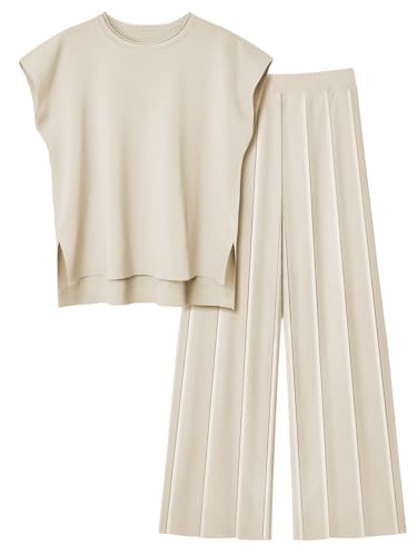 LILLUSORY 2 Piece Sets for Women Summer Vacation 2025 Lounge Outfits Matching Two Pcs Spring Knit Tracksuits Sweat Suits Beige L