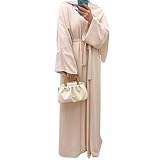 2PCS Women's Muslim Dresses Abaya Islamic Dubai Prayer Dress Robe Long Cardigan Maxi Dress Beige