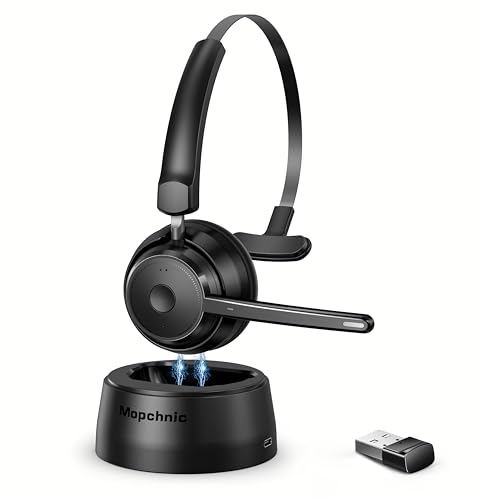Mopchnic Bluetooth Headset, Wireless Headphone with AI Noise-Canceling Microphone for Computer, On Ear Bluetooth Headset with USB Dongle for Office Call Center Skype Zoom Meeting Online Class (Black)