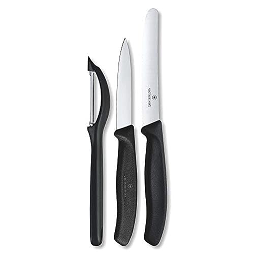 Victorinox Swiss Classic Paring Knife Set with Peeler - Includes a Straight Edge Paring Knife, Serrated Paring Knife & Fruit & Vegetable Peeler - Black Handle, 3-Piece Set