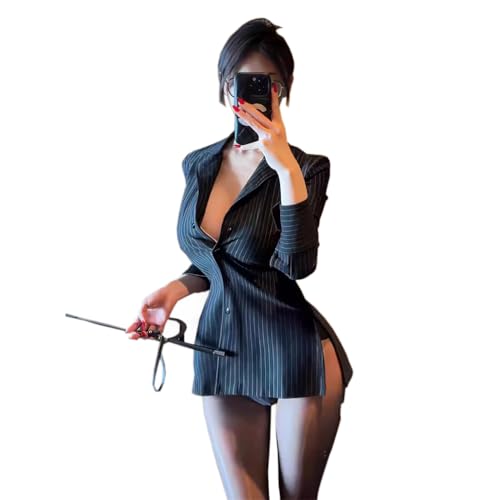 SENJIY sexy secretary outfit for women lingerie Naughty office Teacher costume top OL Uniform Cosplay one-piece Dress blouse Skirt Underwear Bodysuit Roleplay Babydoll Set Halloween Black