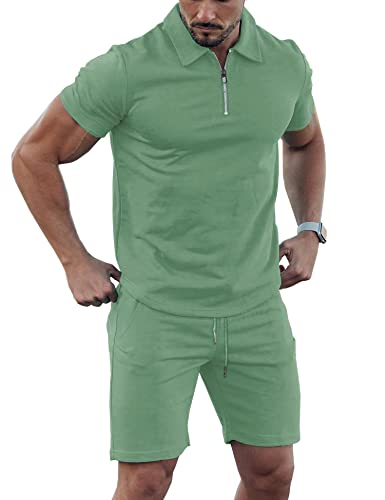URRU Mens 2 Pieces Workout Tracksuit Gym Wear Sets Short Sleeve Muscle Tee & Shorts Set Tracksuits Light Army Green S