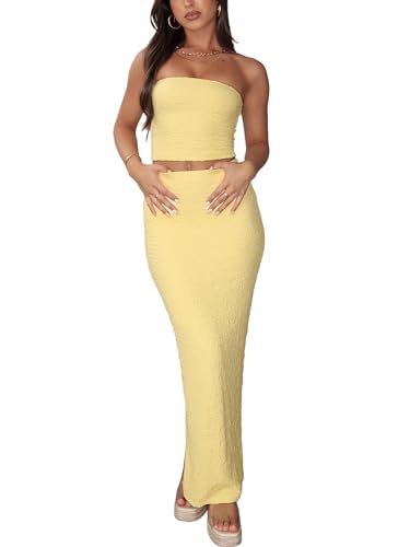 Two Piece Skirt Outfits for Women Sleeveless Tube Tops Bodycon Sexy Maxi Dress 2 Piece Summer Y2K Vacation Set Yellow-S