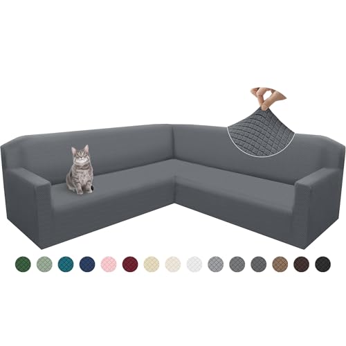 Arfntevss Corner Sectional Couch Covers L Shape Grey Sofa Cover Jacquard Fleece Stretch Sectional Slipcover Large Magic Stretch Furniture Protector Pets U Shaped Sofa Slipcovers(Medium Gray, Large)