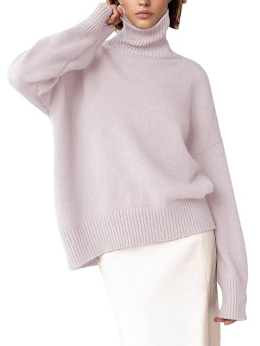 YKR Women's Turtleneck Sweater Chunky Long Sleeve Knitted Pullover High Low Hem Trendy 2023 Fall Winter Basic Jumper Top Lightpink M